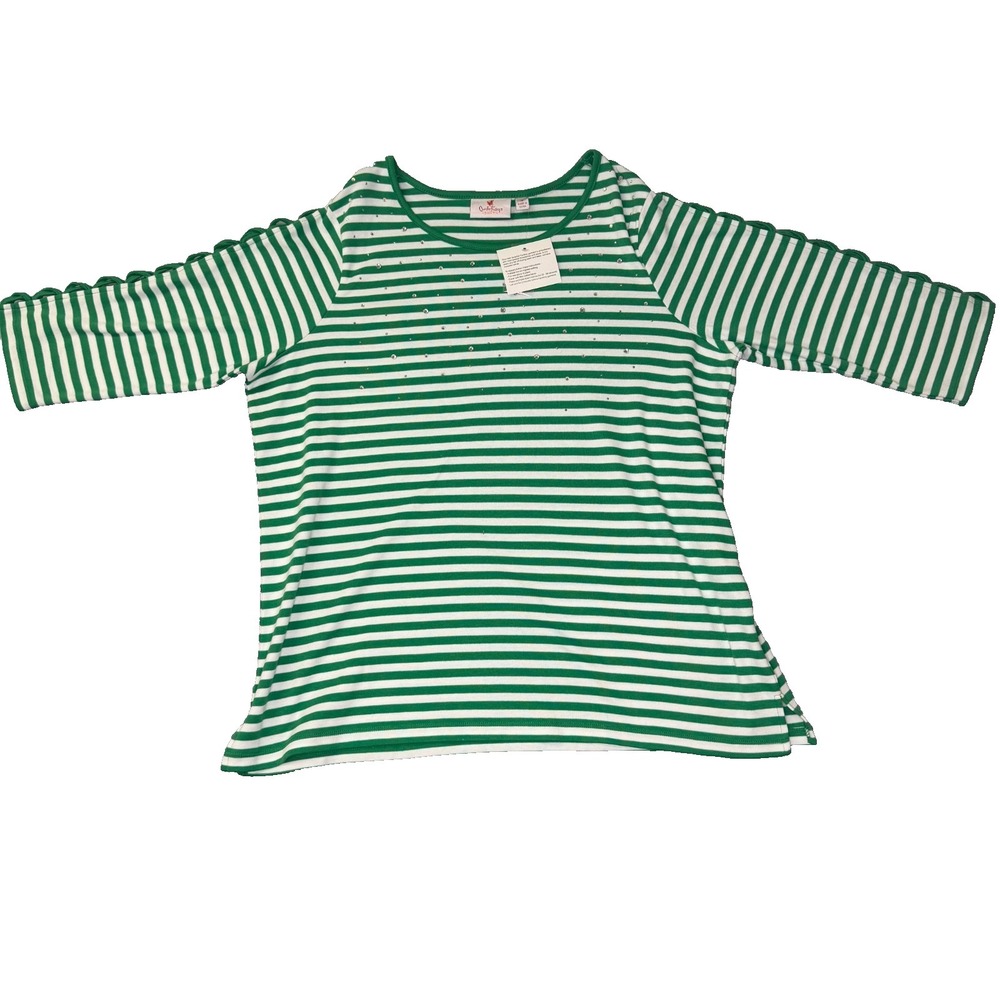 New Quacker Factory by Jeanne Bice Green White Embellished 3/4 Sleeve Top 1X
